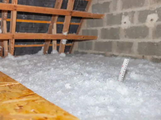 Isolation des combles par soufflage : une épaisse couche d'isolant blanc recouvre le sol, une règle mesure l'épaisseur.