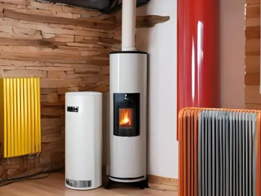 Plusieurs appareils de chauffage, dont des poêles à granulés et des radiateurs, sont présentés, offrant des solutions de chauffage économique pour votre foyer.