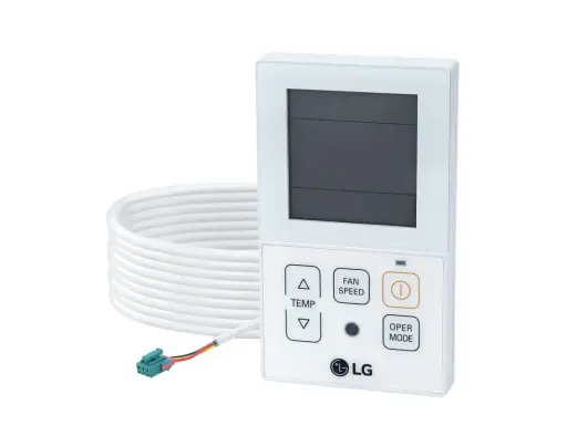 Télécommande LG pour climatiseur, avec câble blanc enroulé. Ce manuel vous guide pour son utilisation.