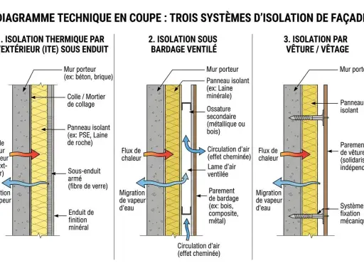 Diagramme comparant trois systèmes d'isolation extérieure maison : ITE sous enduit, bardage ventilé, et vêture.