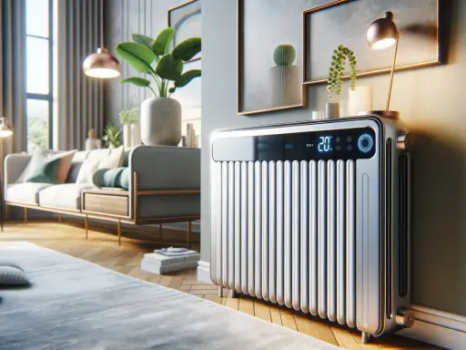 Radiateur moderne au design épuré, idéal pour un salon. Son écran affiche 20°C, suggérant le confort thermique.