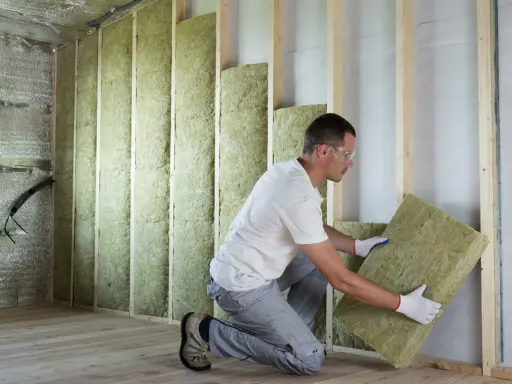 Un ouvrier installe des panneaux d'isolant minéral pour le **cout isolation interieur**. Le mur est en cours de construction, avec des montants en bois et une isolation déjà en place.