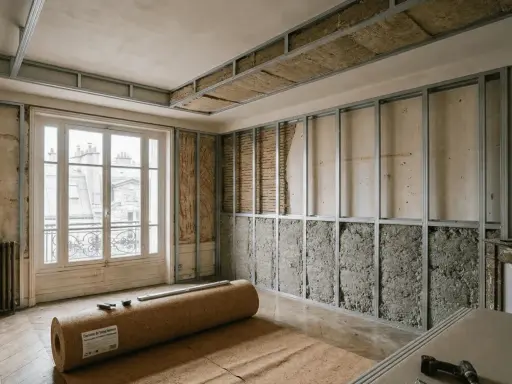 Travaux d'isolation dans un appartement : ossature métallique pour le plafond et les murs, matériaux isolants apparents.