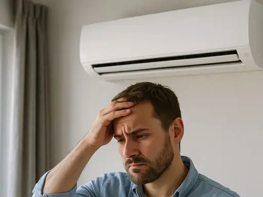 Un homme inquiet touche son front sous une unité de climatisation murale, peut-être en attendant une installation climatisation.