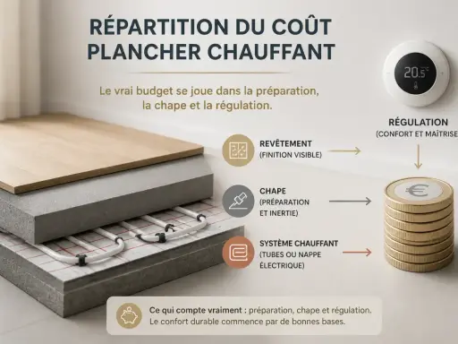 Coupe transversale d'un plancher chauffant montrant les couches: revêtement, chape, système de chauffage, avec schéma des coûts et thermostat.