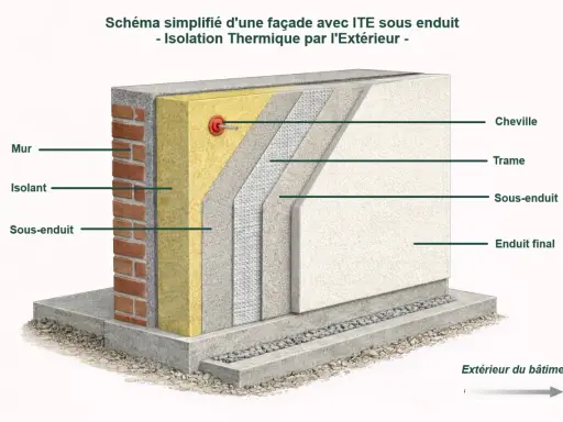 Coupe d'une façade montrant le ravalement avec isolation extérieure (ITE) : mur, isolant, sous-enduit, trame, et enduit final.