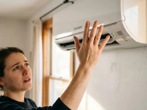 Une femme vérifie son clim qui souffle un air chaud, l'air désemparé.