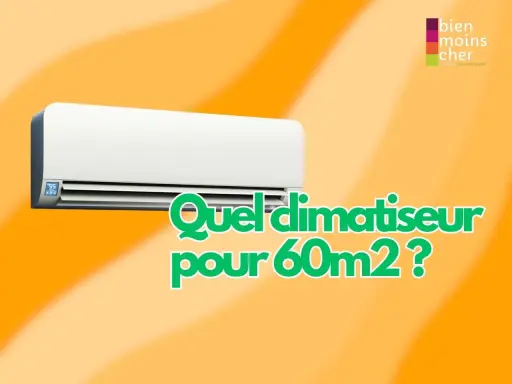 Climatiseur mural blanc sur fond orange. Le texte "Quel climatiseur pour 60m2 ?" est affiché en gros caractères verts.