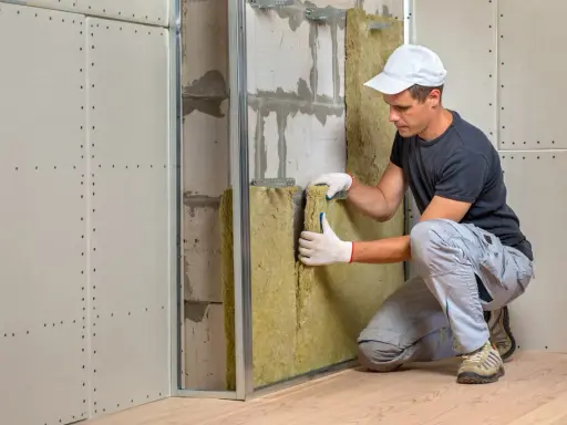 Un ouvrier installe un isolant minéral pour l'isolation mur intérieur. Le chantier progresse.