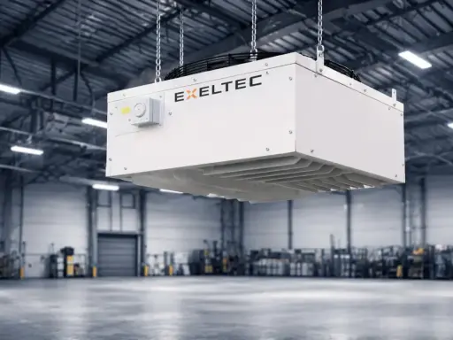 Un déstratificateur d'air EXELTEC, suspendu dans un entrepôt, assure une circulation d'air homogène pour un confort optimal.