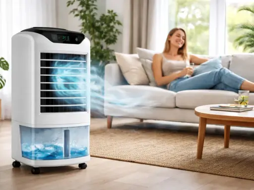 Climatiseur mobile sans évacuation diffusant une brise fraîche. Une femme détendue sur un canapé, profitant du confort.