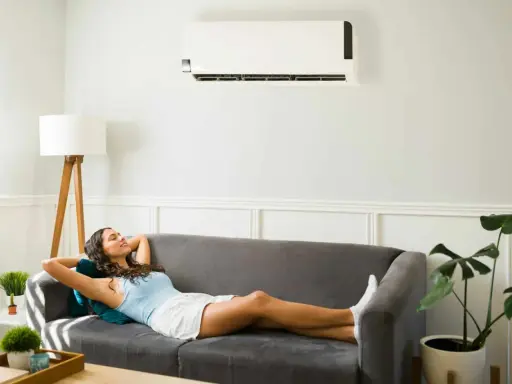 Une femme se détend sur un canapé sous un climatiseur, profitant de la puissance clim pour 40m2.