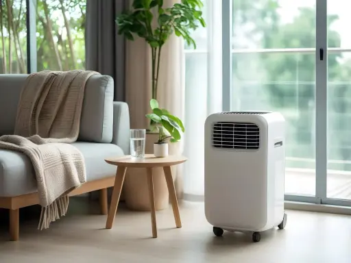 Un salon confortable avec un canapé douillet, une plante verte et un climatiseur mobile puissant pour un confort optimal.