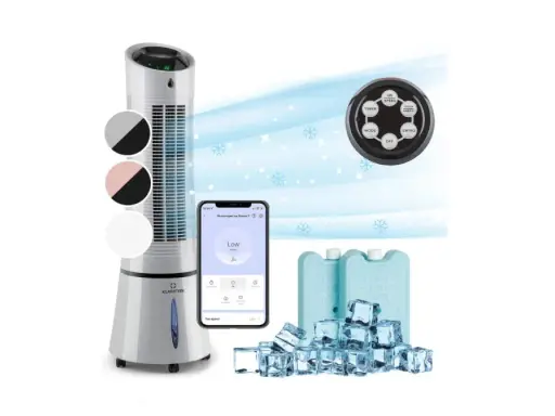Le Klarstein climatiseur sans évacuation, avec télécommande et application mobile, accompagné de blocs de glace pour un maximum de fraîcheur.