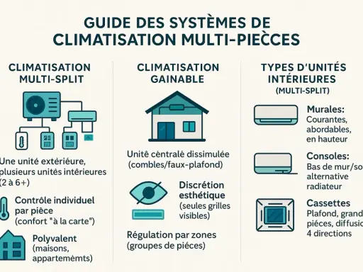 Guide des systèmes de climatisation multi-pièces : un split extérieur pour plusieurs unités intérieures, avec différents types d'unités intérieures (murales, consoles, cassettes).