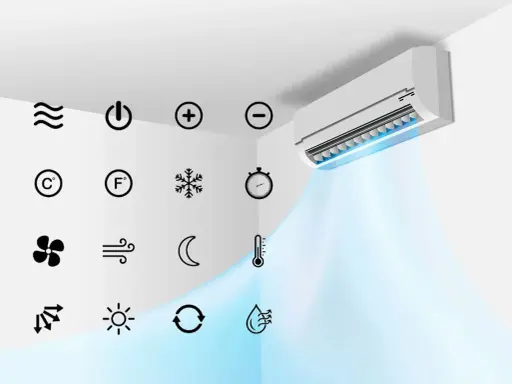 Climatiseur diffusant de l'air frais. Icônes de réglage : température, ventilateur, minuterie, et voyant flocon de neige signification de froid.