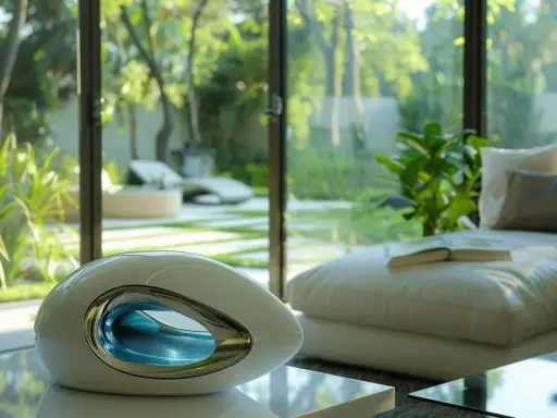 Appareil futuriste au design épuré, son rôle de l'évaporateur frigorifique est de rafraîchir l'air ambiant d'un salon moderne donnant sur un jardin luxuriant.