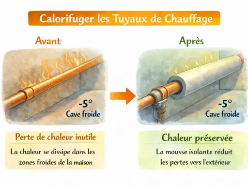 Avant/Après : calorifuger les tuyaux de chauffage pour éviter la perte de chaleur dans une cave froide.
