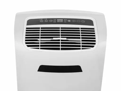 Climatiseur mobile 20000 BTU blanc avec panneau de contrôle numérique et grille d'aération.