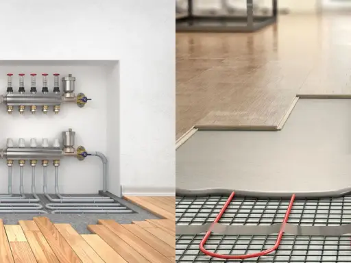 Système de chauffage par le sol : le réglage température plancher chauffant est assuré par un collecteur et des tuyaux intégrés sous le parquet.