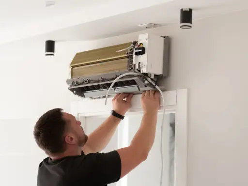 Un homme installe un climatiseur. Le tuyau d'évacuation de la clim qui chauffe est visible.