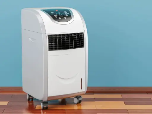 Climatiseur mobile 15000 BTU blanc sur roulettes, avec écran LED bleu affichant la température. Idéal pour rafraîchir votre intérieur.