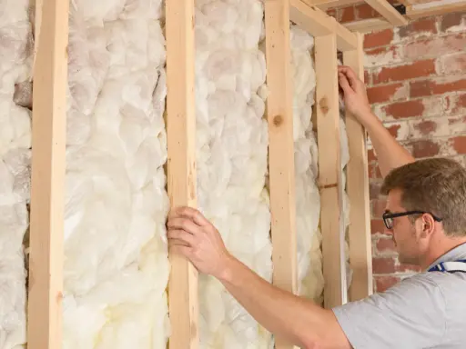 Un ouvrier ajuste la structure en bois d'un mur, révélant une épaisse couche d'isolation intérieure en mousse expansée.