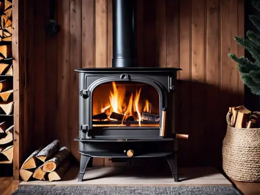 Un poêle à bois noir crache des flammes vives, réchauffant une pièce aux murs lambrissés. Du bois est empilé à gauche et dans un panier à droite, prêt pour le tirage poele a bois.