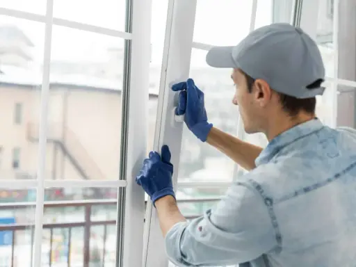 Un ouvrier ajuste une fenêtre pour isoler du froid. Il porte des gants bleus et une casquette grise.