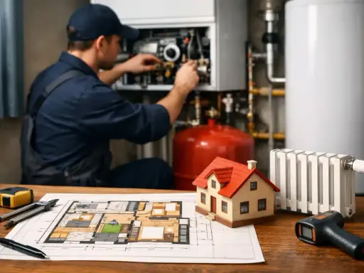 Planification du prix d'installation du chauffage pour une maison de 120m2. Un technicien travaille sur une chaudière.