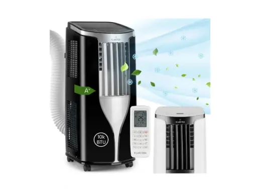 Climatiseur mobile Klarstein New Breeze 7, noir, avec télécommande et une unité blanche. L'efficacité énergétique A+ est visible.