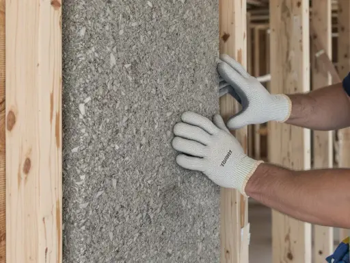 Pose d'isolant en laine de roche dans une structure en bois. Les avantages et inconvénients de ce matériau sont à considérer pour une isolation efficace.