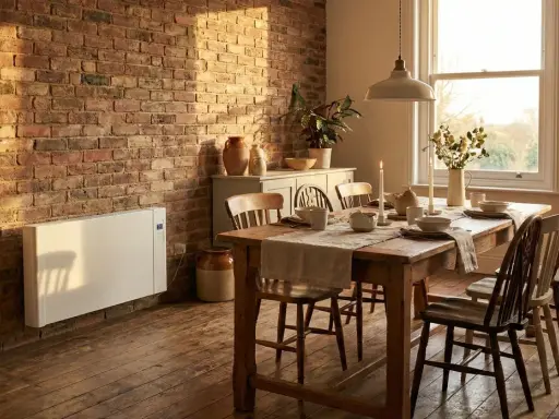 Chauffage moderne en pierre stéatite sur un mur de briques, réchauffant une salle à manger rustique avec une table en bois dressée.