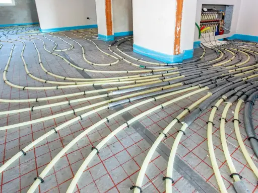 Installation de tubes pour un système de chauffage au sol. Les tuyaux jaunes sont fixés sur une grille rouge, prêts à être recouverts.
