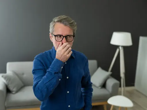 Homme d'âge mûr se pinçant le nez, visiblement incommodé par une mauvaise odeur de clim neuve dans son salon moderne.
