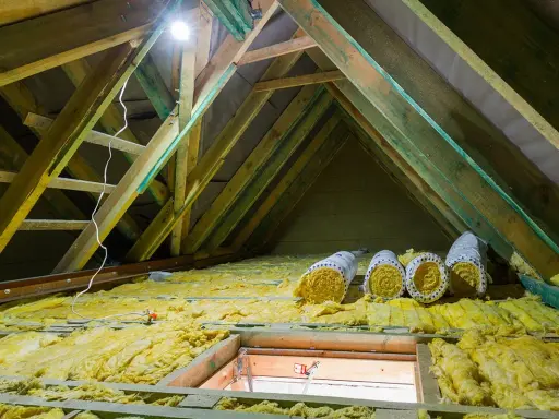 Travaux en cours pour isoler les combles. Rouleaux d'isolant jaune posés sur la structure en bois, sous un éclairage vif.