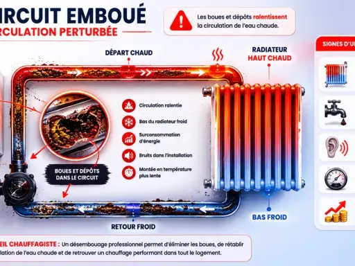 Schéma montrant comment les boues dans le circuit empêchent mes radiateurs de chauffer. L'eau chaude circule mal, le bas des radiateurs reste froid.