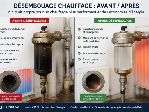 Avant/après désembouage radiateur : circuit encrassé vs propre, améliorant performance et économies d'énergie.