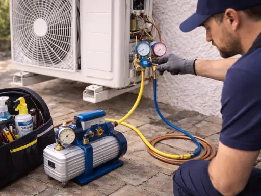Technicien vérifiant la pression d'une clim. Il utilise un manomètre et des tuyaux pour savoir comment purger une clim sans pompe à vide.