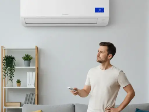 Un homme réfléchit à la question : faut-il laisser tourner une clim en permanence en mode chauffage ? Il tient une télécommande, regardant l'appareil mural.