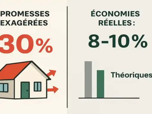 Comparaison des promesses d'isolation des combles : -30% théoriques vs 8-10% réels.