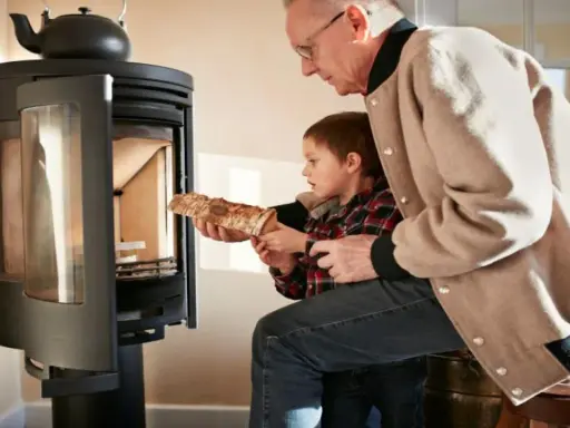 Un grand-père aide son petit-fils à charger du bois dans un poêle. Une alternative au chauffage au fioul, mais attention aux dangers du feu.