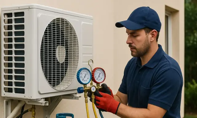 Un technicien vérifie la pression d'une unité extérieure de climatisation. C'est le bon moment pour savoir quand recharger clim maison.