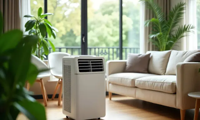 Climatiseur mobile blanc dans un salon lumineux, près d'un canapé beige et de plantes vertes. Idéal pour un confort optimal, même par temps chaud.
