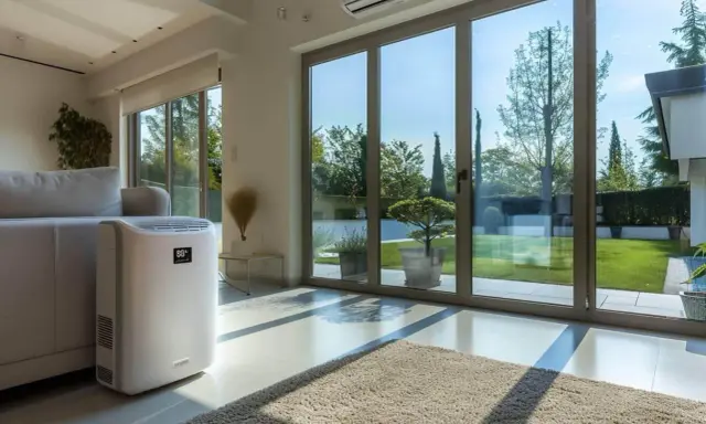 Climatiseur mobile 80m2 blanc, discret près d'un canapé, dans un salon lumineux avec vue sur jardin.