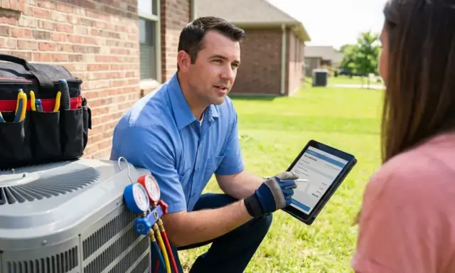 Un technicien discute du tarif dépannage climatisation avec un client, tablette à la main, près d'une unité extérieure.