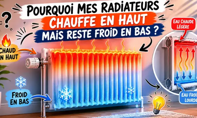 Un radiateur chauffe en haut et reste froid en bas, expliquant le phénomène de l'eau chaude légère montant et l'eau froide lourde descendant.