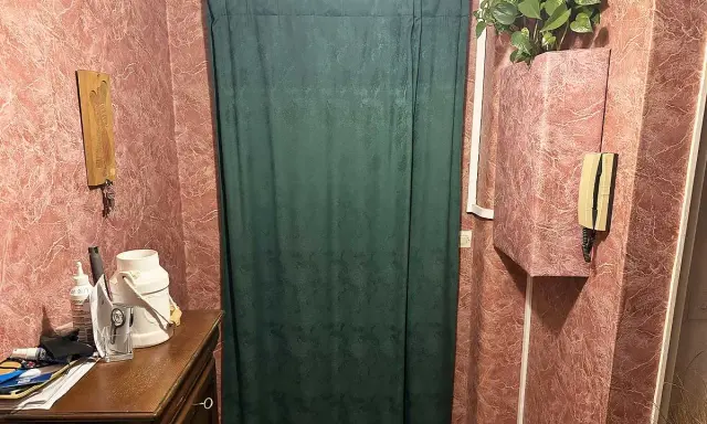 Rideau vert devant une porte, une idée pour comment isoler une porte. Meuble en bois, téléphone, plante verte.