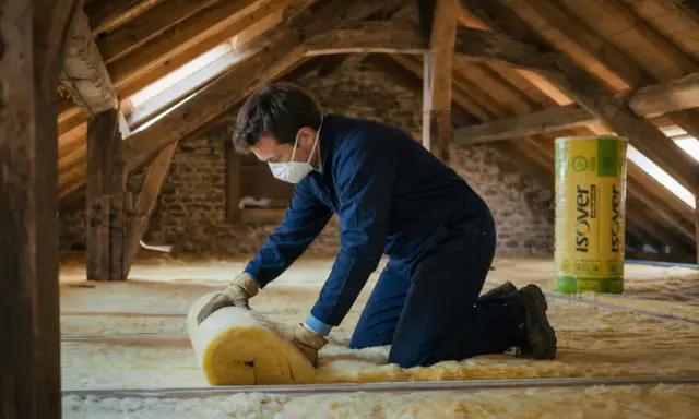 Un ouvrier installe de l'isolant dans des combles aménageables. Le prix au m2 de l'isolation des combles aménageables est un investissement pour le confort.