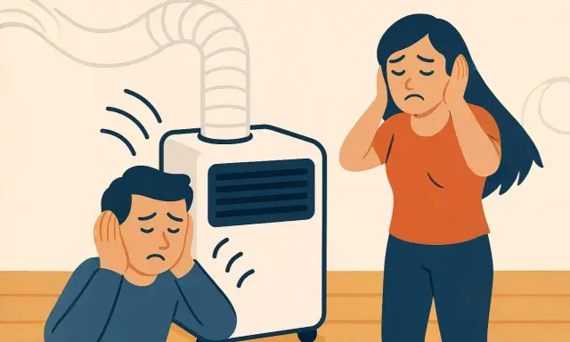Un homme et une femme se bouchent les oreilles, dérangés par le niveau sonore d'un climatiseur mobile.